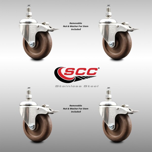 Service Caster 4 Inch 316SS High Temp Glass Filled Nylon 3/8 Inch Stem Caster Set Lock Brake SCC-SS316TSTTL20S414-GFNSHT-381615-4 - main